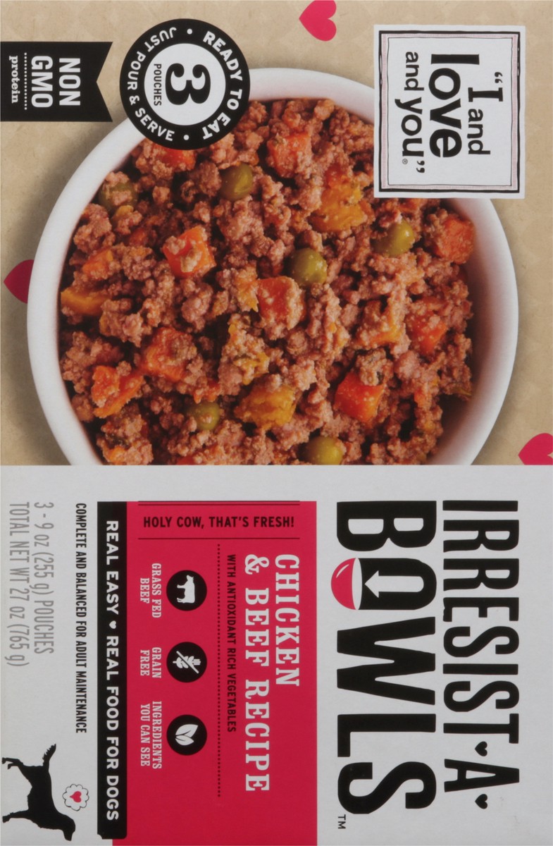 slide 5 of 9, I and Love and You Irresist-A-Bowls Chicken & Beef Recipe Food for Dogs 3 - 9 oz Pouches, 3 ct