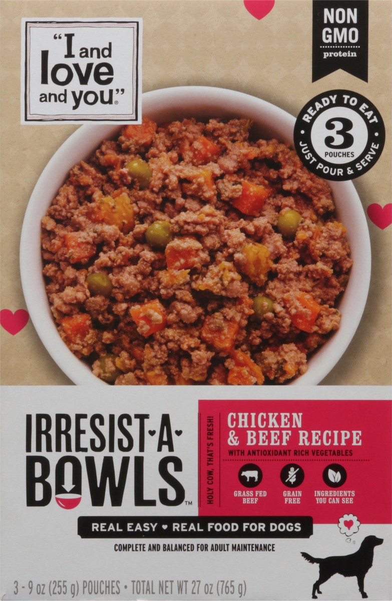 slide 6 of 9, I and Love and You Irresist-A-Bowls Chicken & Beef Recipe Food for Dogs 3 - 9 oz Pouches, 3 ct