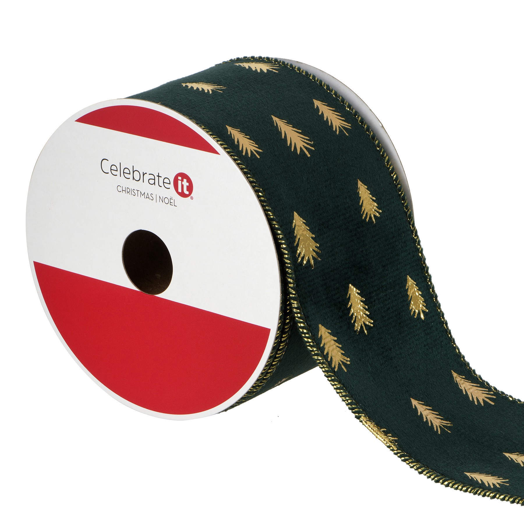 slide 2 of 3, 2.5" X 20ft. Green & Gold Trees Wired Ribbon By Celebrate It, 2.5 in x 20 ft