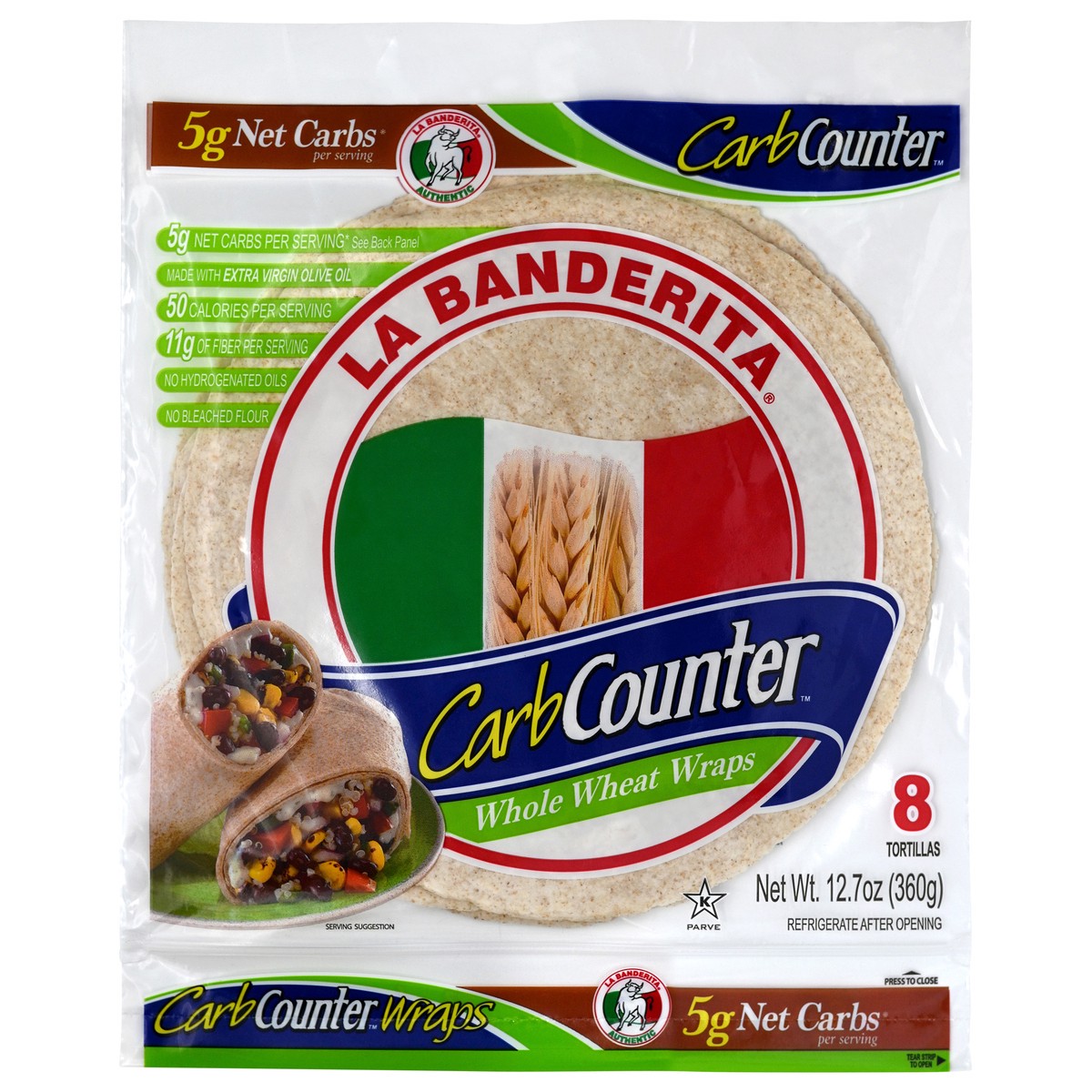 slide 3 of 7, La Banderita Carb Counter Whole Wheat, 8" Tortillas, Keto Certified, 8 ct
