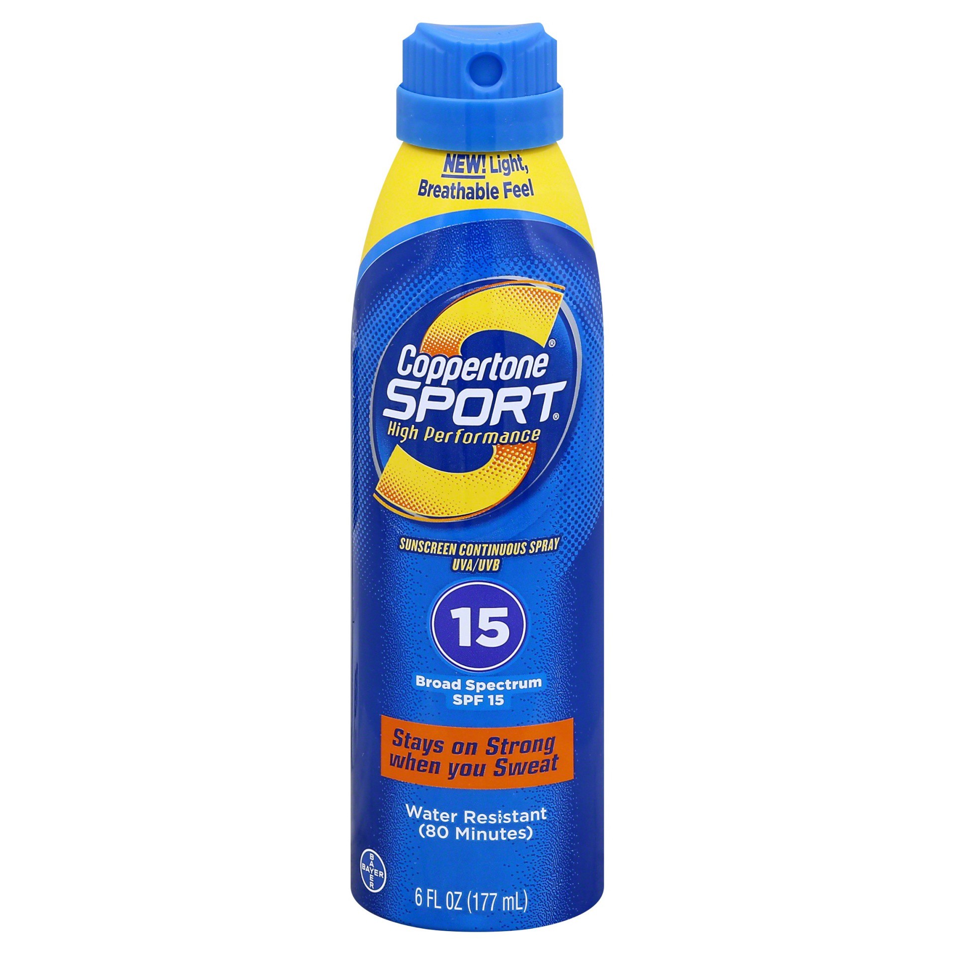 slide 1 of 9, Coppertone Sport Broad Spectrum SPF 15 Sunscreen Spray, 6 fl oz