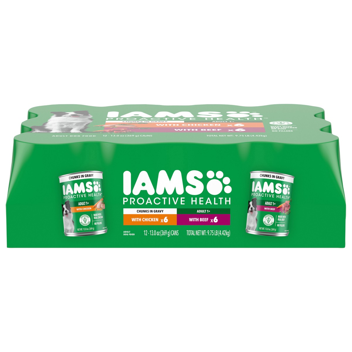 slide 1 of 15, IAMS PROACTIVE HEALTH Chunks in Gravy Adult Wet Dog Food Chicken and Beef Variety Pack, (12) 13 oz. Cans, 12 ct