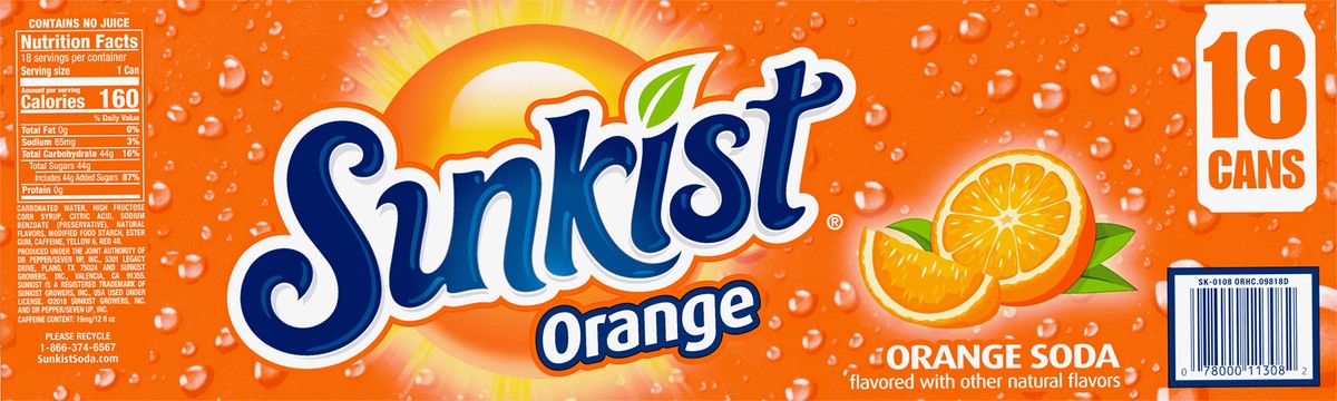 slide 7 of 11, Sunkist Orange Soda, 12 fl oz cans, 18 pack, 18 ct