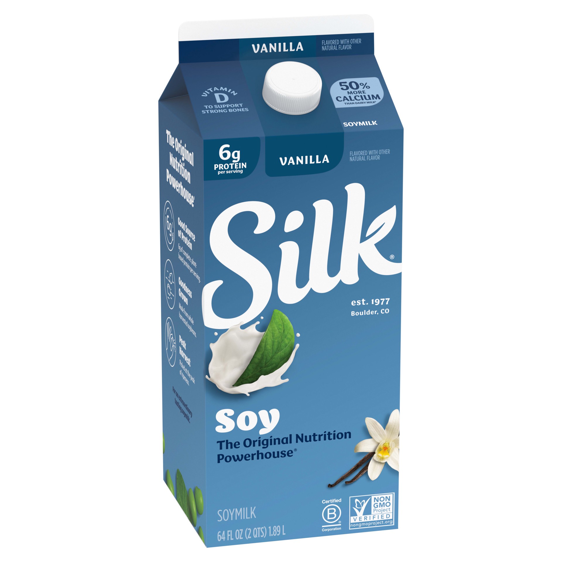 slide 4 of 5, Silk Soy Milk, Vanilla, Dairy Free, Gluten Free, Vegan Milk with Vitamin D to Help Support Strong Bones, 64 FL OZ Half Gallon, 1/2 gal