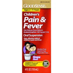 Good Sense Children's Pain and Fever Acetaminophen 160 mg per 5 mL Oral Suspension, Grape Flavor, 4 fl oz