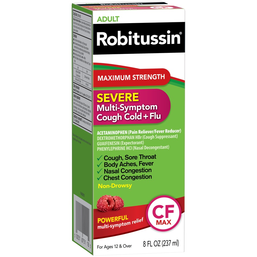 slide 2 of 6, Adult Robitussin Maximum Strength Severe Multi-Symptom Cough Cold + Flu Liquid, 8 fl oz