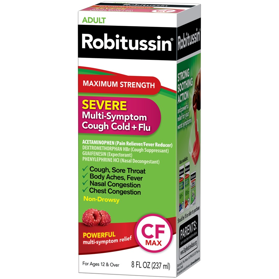 slide 3 of 6, Adult Robitussin Maximum Strength Severe Multi-Symptom Cough Cold + Flu Liquid, 8 fl oz