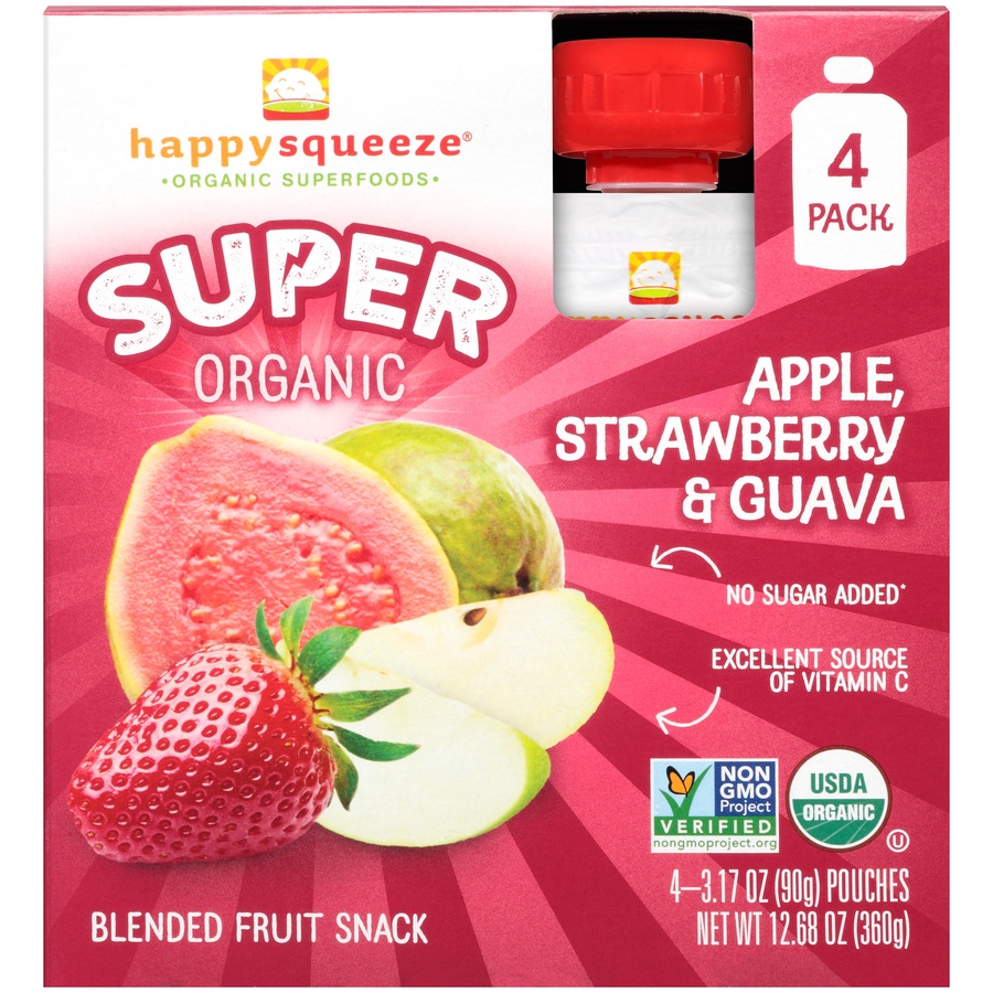 slide 1 of 1, Happy Baby Happy Squeeze Organic Super Apple, Strawberry & Guava Squeezers, 4 ct; 3.17 oz