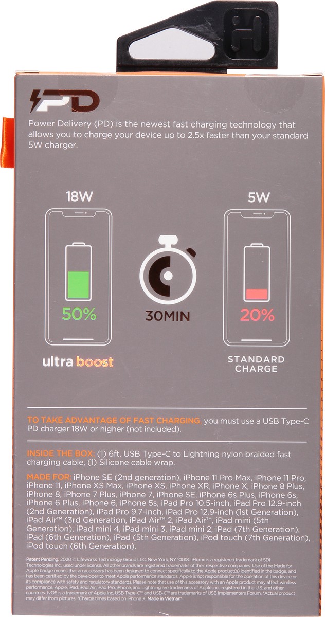 slide 3 of 10, iHome Ultraboost 6 Feet USB Type-C to Lighting Fast Charging Cable 1 ea, 1 ct