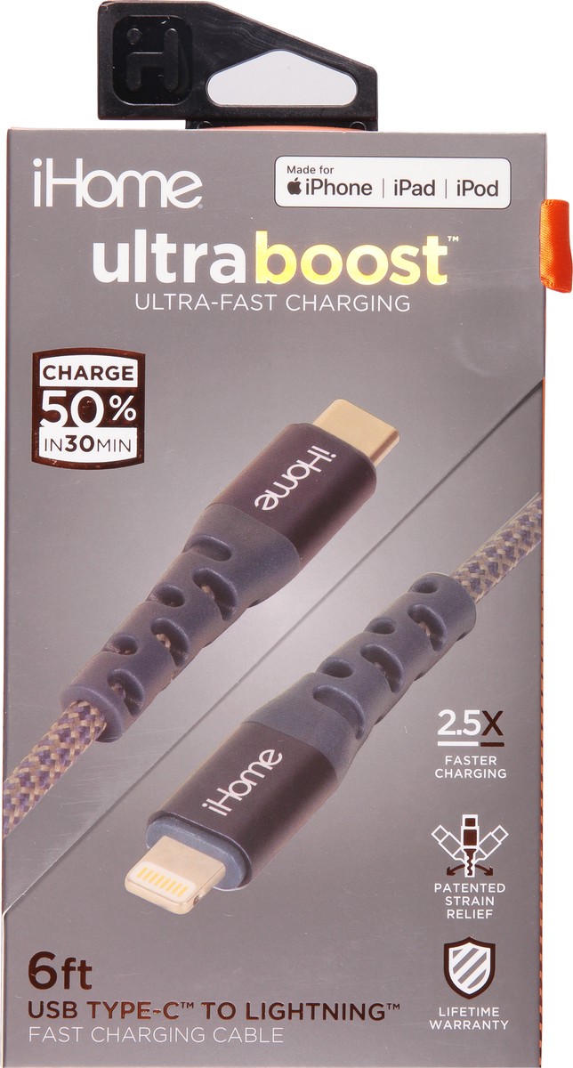 slide 1 of 10, iHome Ultraboost 6 Feet USB Type-C to Lighting Fast Charging Cable 1 ea, 1 ct