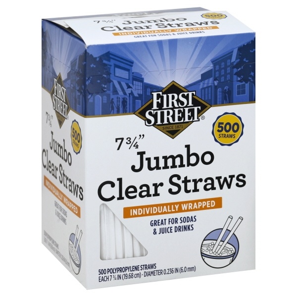 slide 1 of 6, First Street 7.75 In Jumbo Wrapped Clear Straws, 500 ct