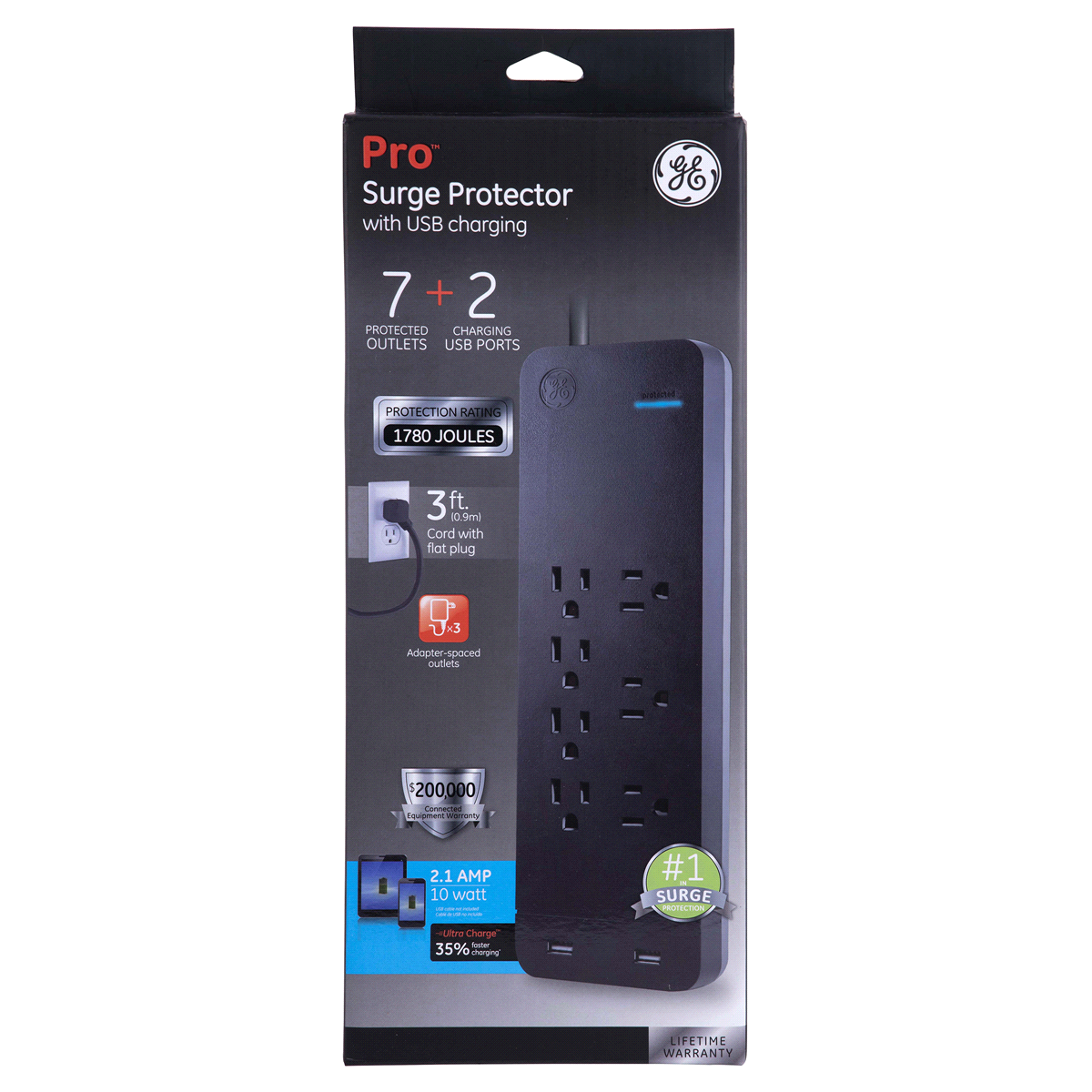 slide 1 of 9, Ge Pro 7-Outlet Surge Protector With Usb, 3', Black, 1 ct