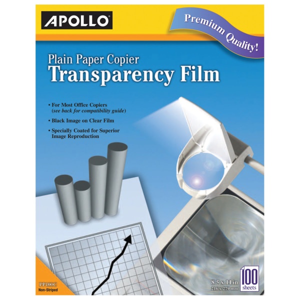 slide 1 of 2, Apollo Plain Paper Copier Transparency Film, Black On Clear, Box Of 100, 100 ct