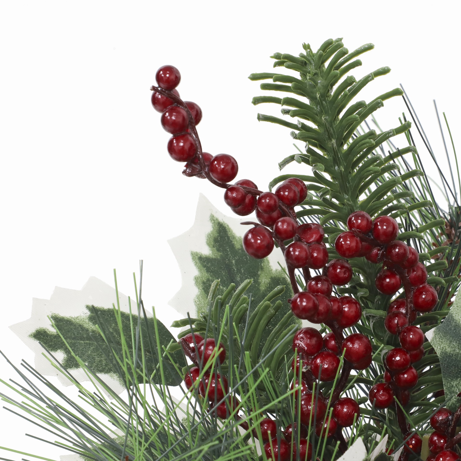 slide 3 of 3, 9.5" Green Pine & Red Berry Arrangement In White Ceramic Pot With Striped Rim By Ashland, 9.5 in