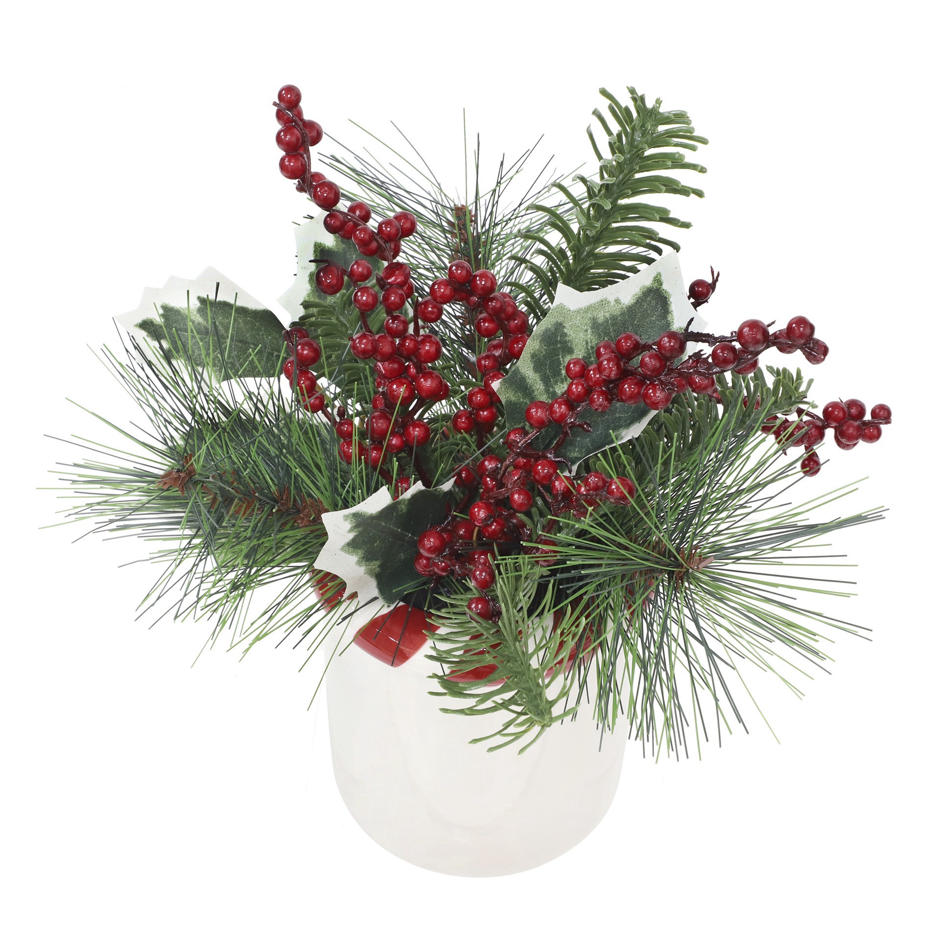 slide 2 of 3, 9.5" Green Pine & Red Berry Arrangement In White Ceramic Pot With Striped Rim By Ashland, 9.5 in