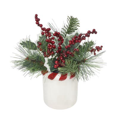 slide 1 of 3, 9.5" Green Pine & Red Berry Arrangement In White Ceramic Pot With Striped Rim By Ashland, 9.5 in