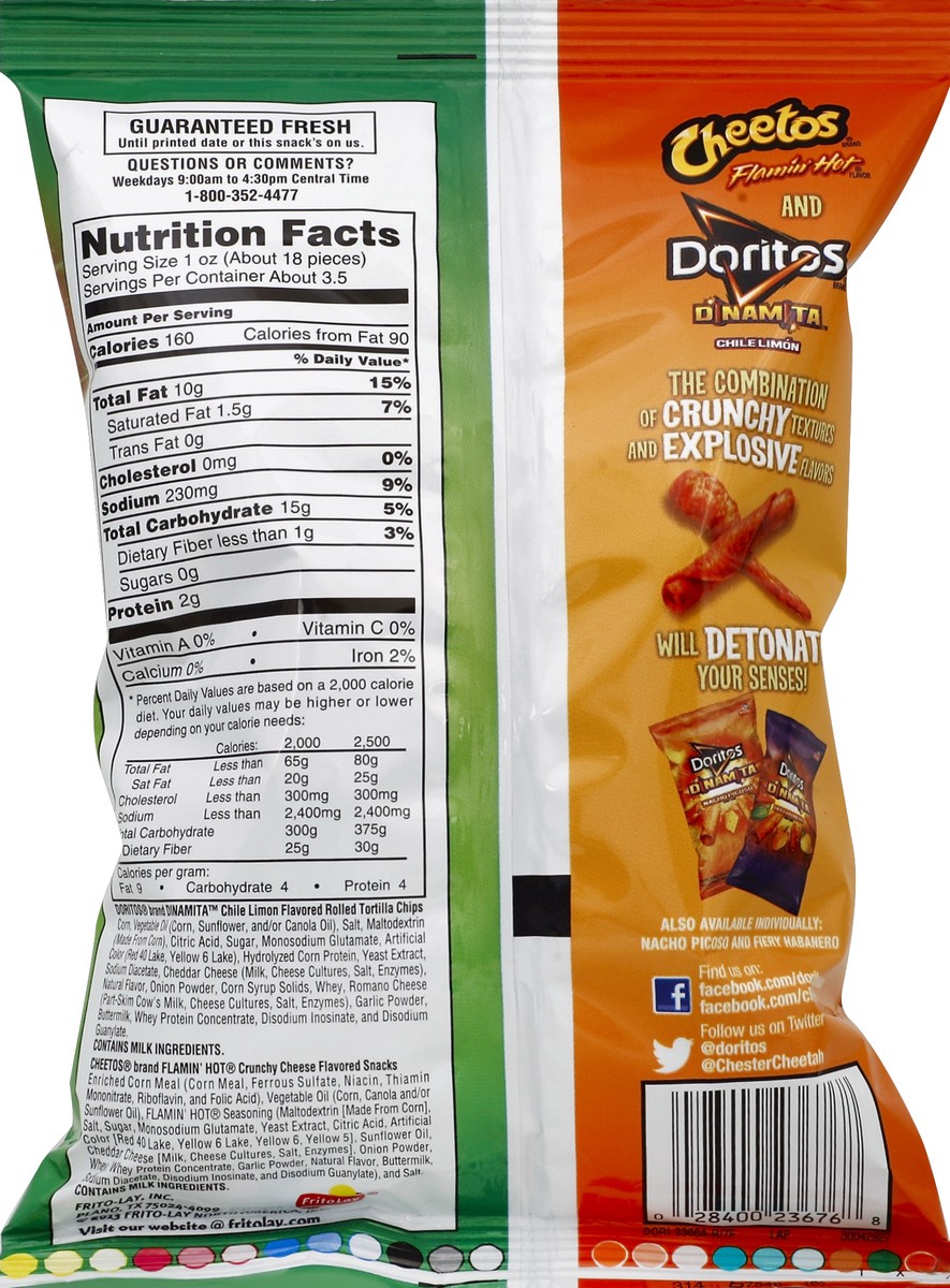 slide 6 of 6, Frito-Lay Cheese Flavored Snacks and Rolled Tortilla Chips, Cheetos/Doritos, Flamin' Hot/Chile Limon, 3.25 oz