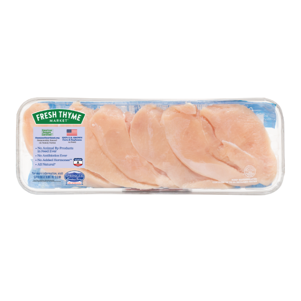 slide 1 of 1, Springer Mountain Farms Fresh Thyme Antibiotic Free Boneless Skinless Chicken Breast Strips Family Pack, per lb