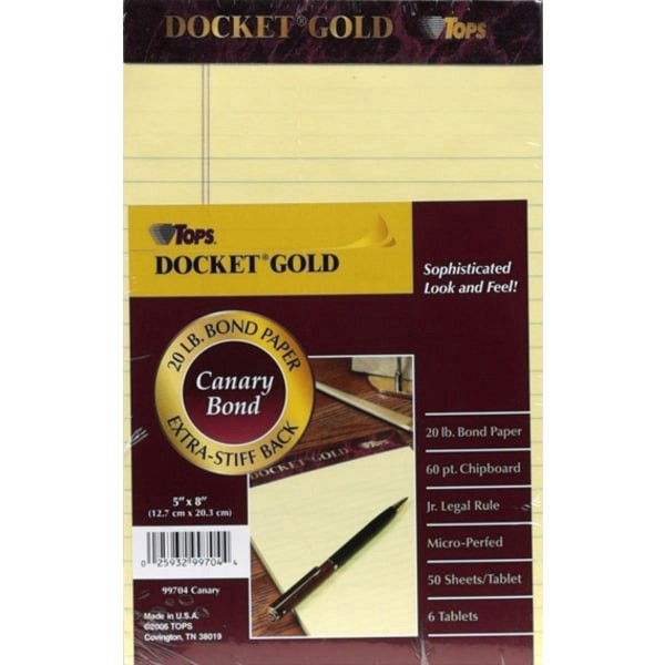 slide 5 of 5, TOPS Docket Gold Premium Writing Pads, Jr. Legal Rule, Canary, 6 pk; 50 ct; 5 in x 8 in