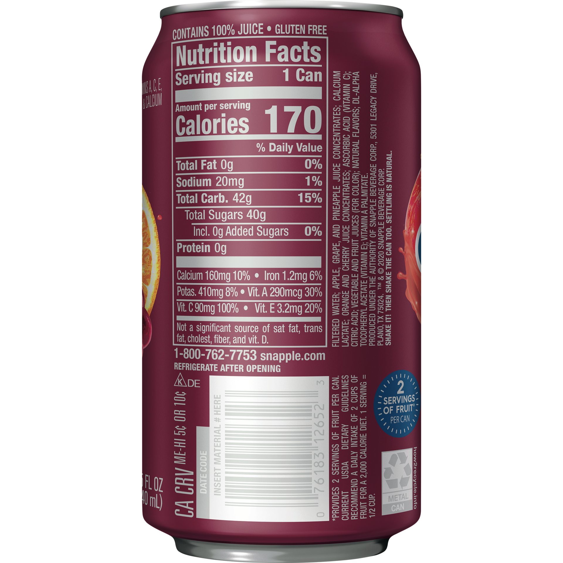 slide 2 of 3, Snapple 100% Juiced Fruit Punch, 11.5 fl oz can, 11.50 fl oz