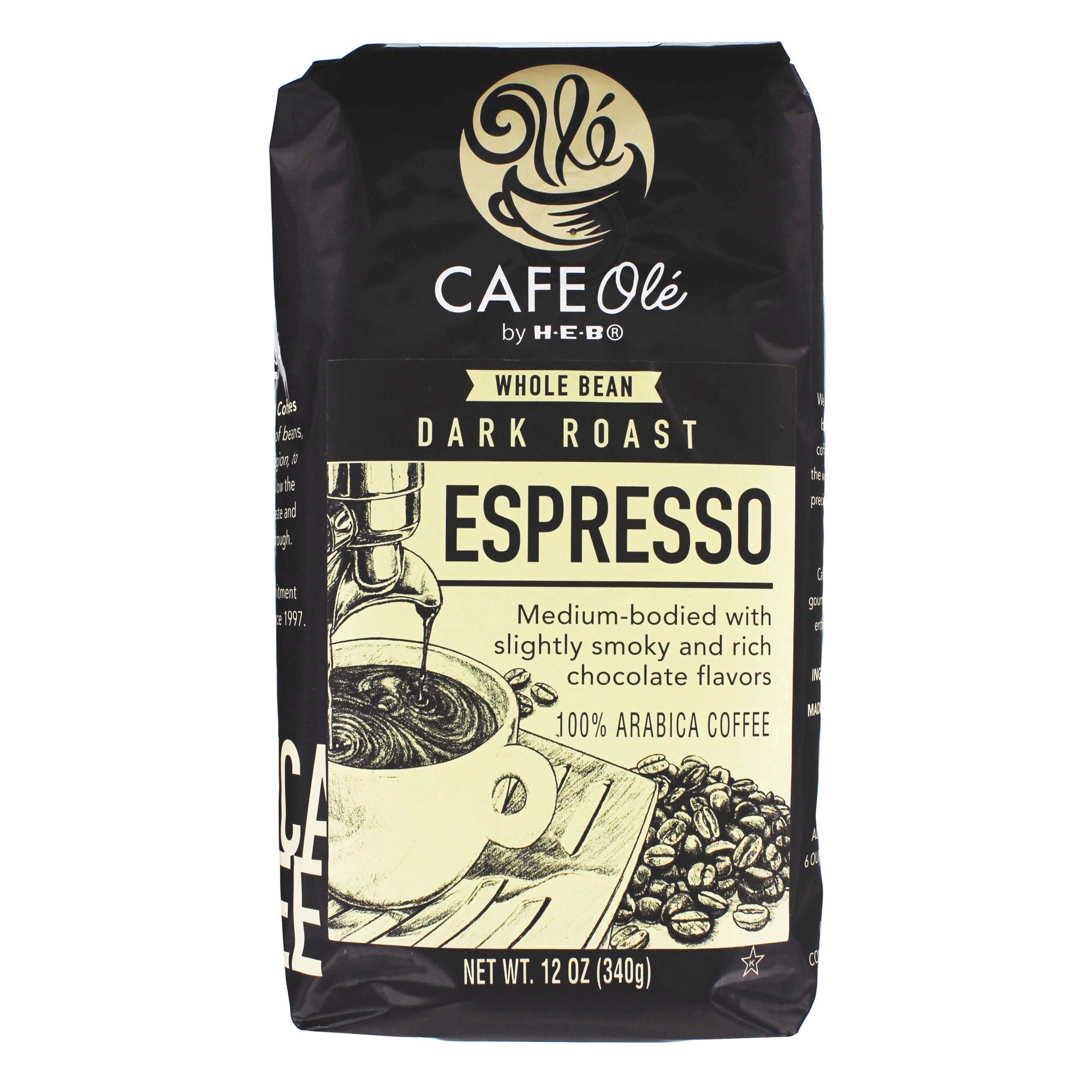 slide 1 of 1, H-E-B Cafe Ole Whole Bean Espresso Dark Roast Coffee - 12 oz, 12 oz