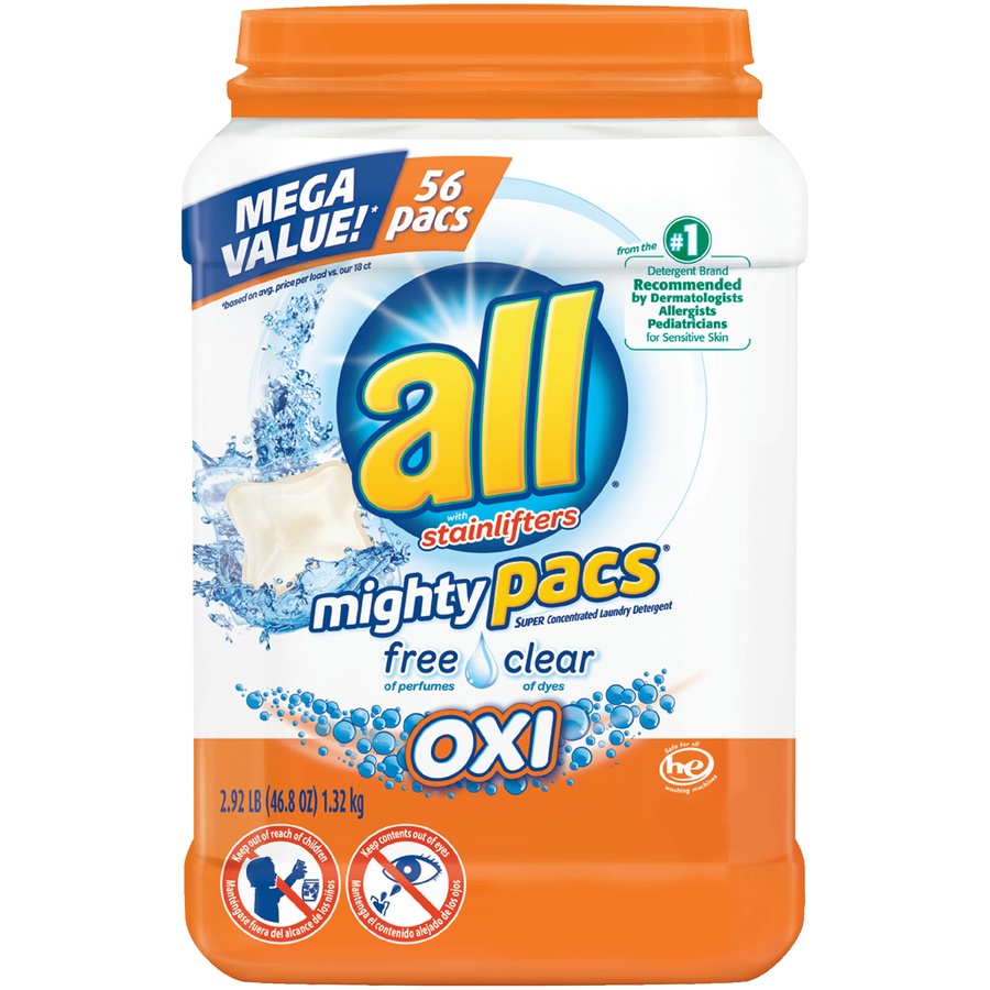 slide 1 of 1, All Free Clear OXI Mighty Pacs Laundry Detergent, 56 ct