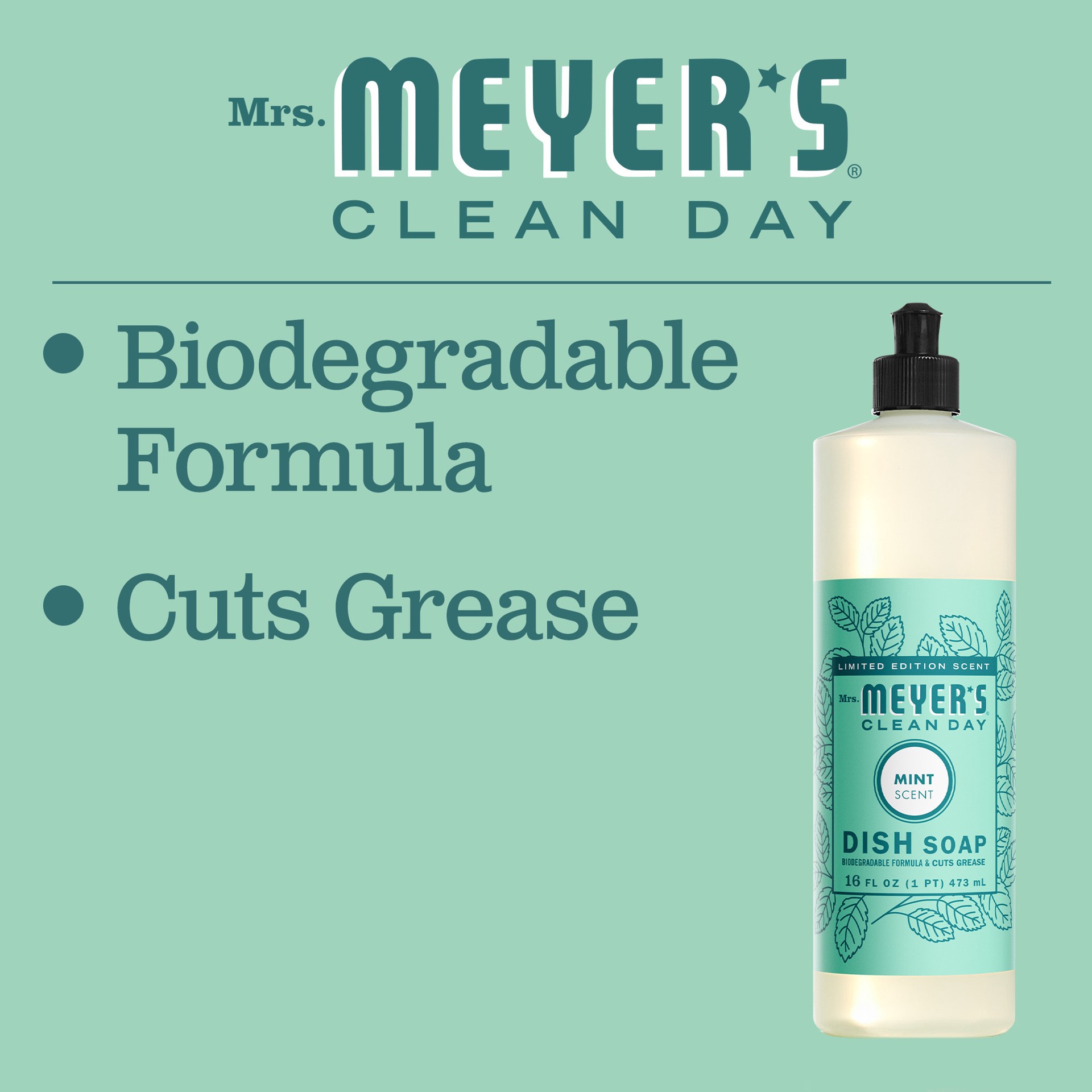 slide 9 of 9, Mrs. Meyer's Clean Day Liquid Dish Soap, Mint Scent, 16 Ounce Bottle, 16 fl oz