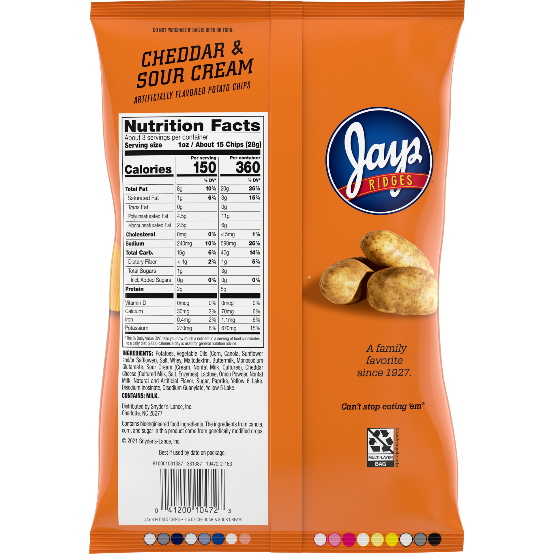 slide 4 of 5, Jays Ridges Potato Chips, Cheddar and Sour Cream, 2.5 Oz Bag, 2.5 oz