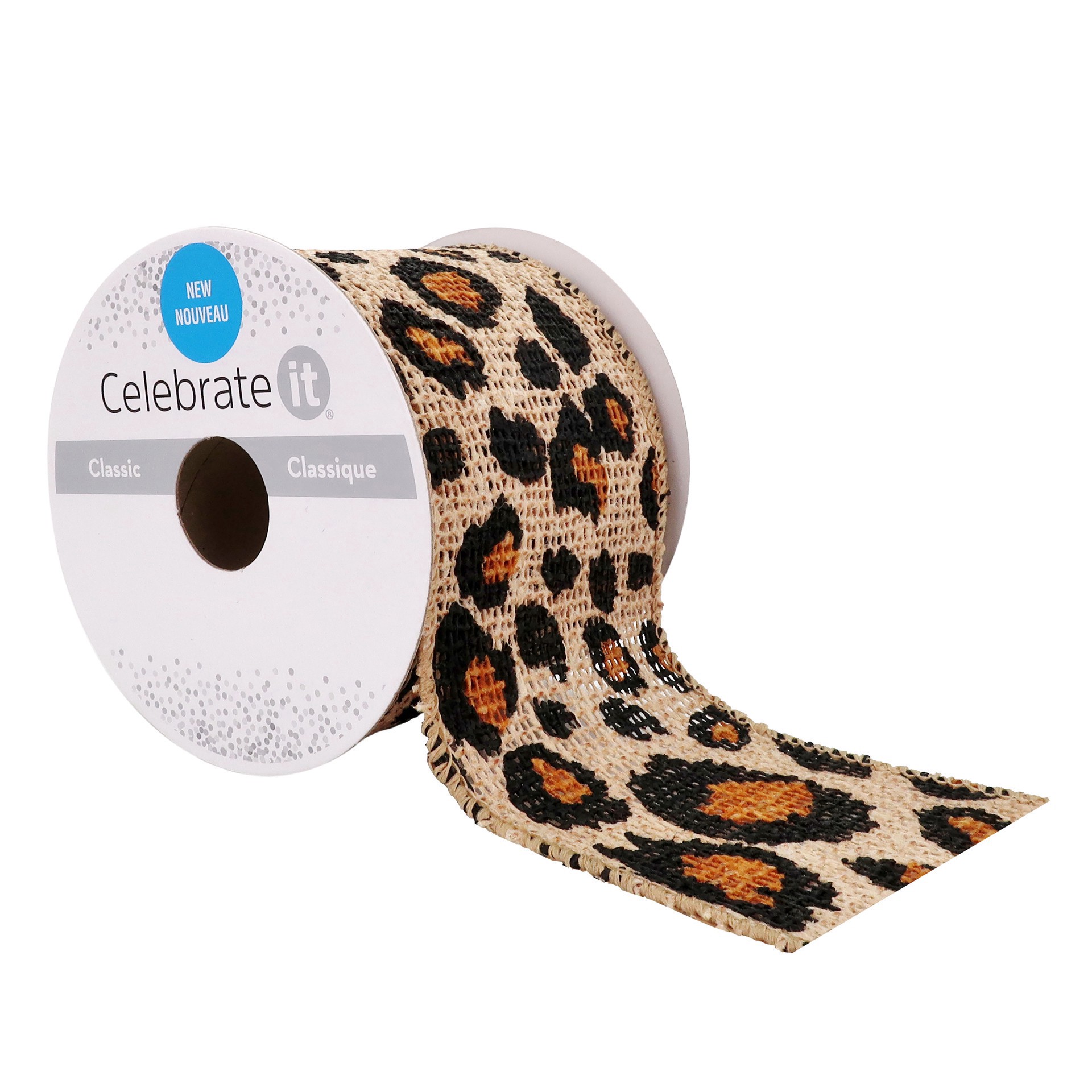 slide 2 of 4, 2.5'' X 3yd. Faux Burlap Wired Cheetah Ribbon By Celebrate It, 2.5 in x 3 yd