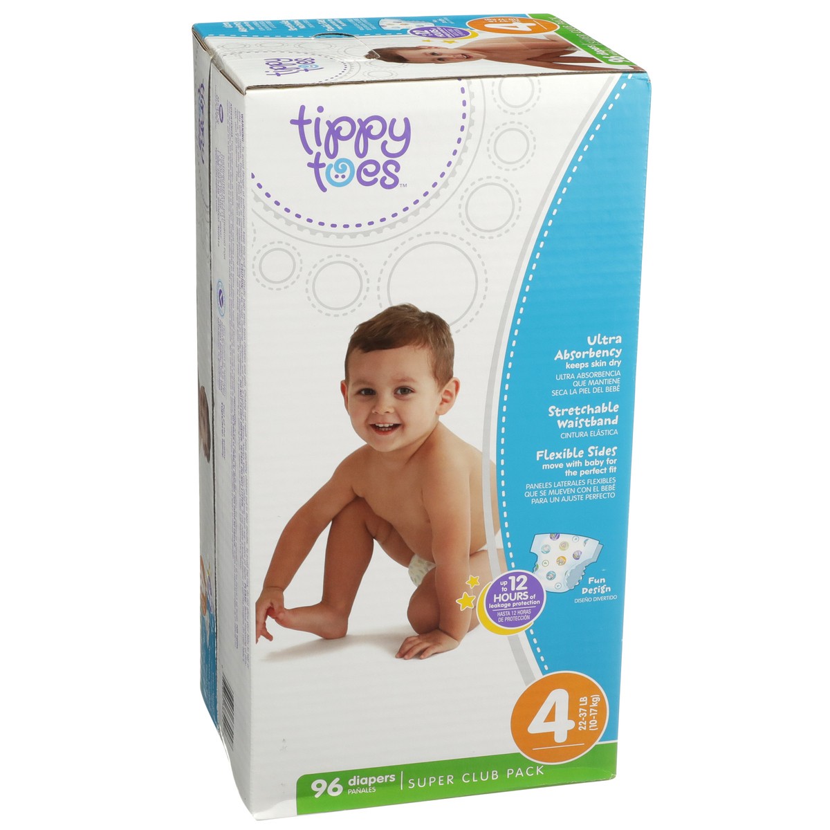 slide 2 of 8, Tippy Toes Diapers, Size 4 (22-37 lb), Fun Design, Super Club Pack, 96 ct