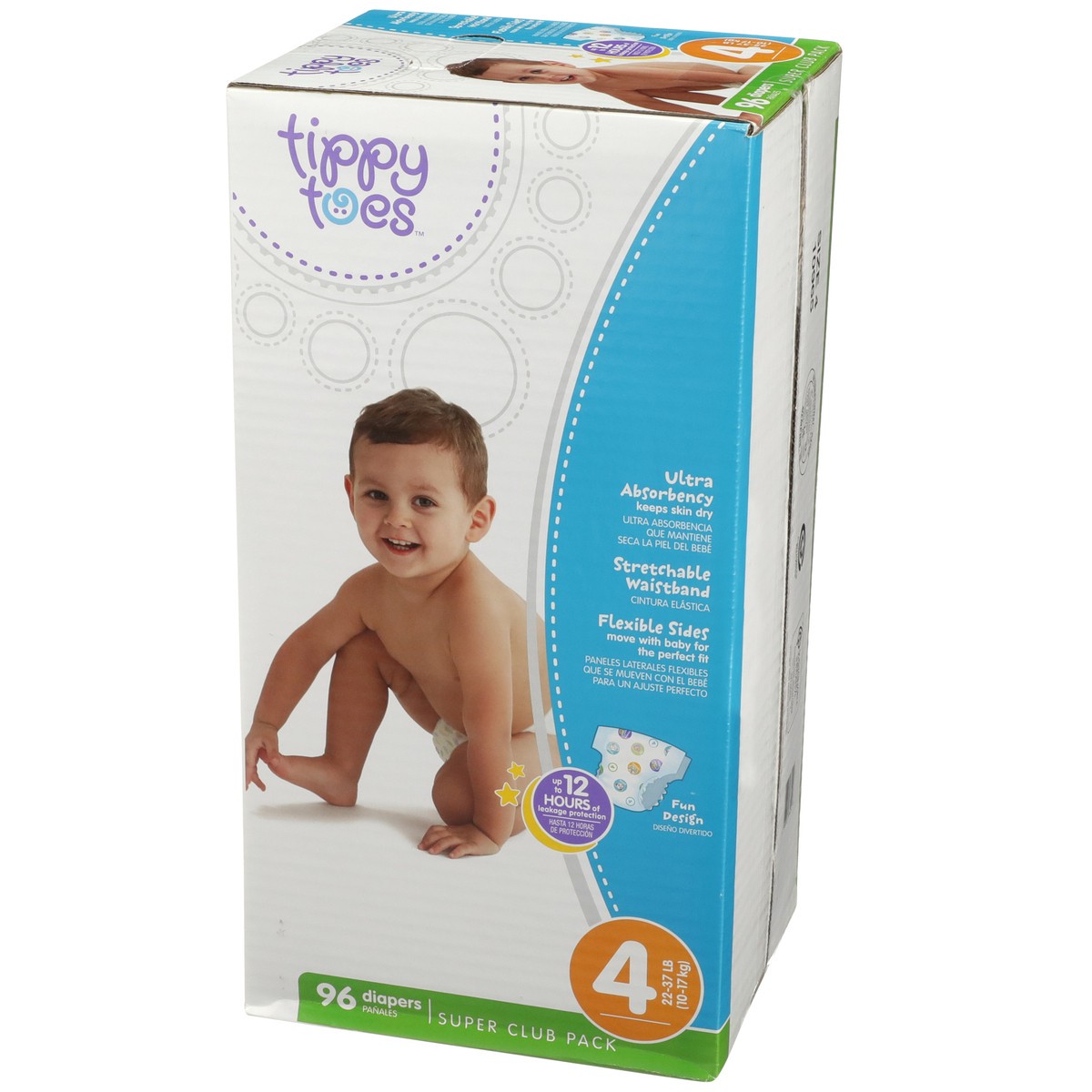 slide 3 of 8, Tippy Toes Diapers, Size 4 (22-37 lb), Fun Design, Super Club Pack, 96 ct