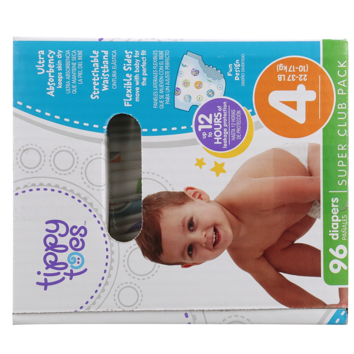 slide 4 of 8, Tippy Toes Diapers, Size 4 (22-37 lb), Fun Design, Super Club Pack, 96 ct