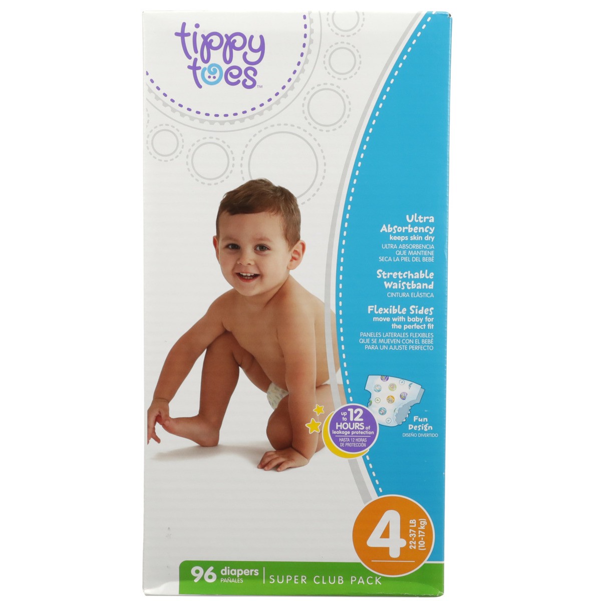 slide 7 of 8, Tippy Toes Diapers, Size 4 (22-37 lb), Fun Design, Super Club Pack, 96 ct
