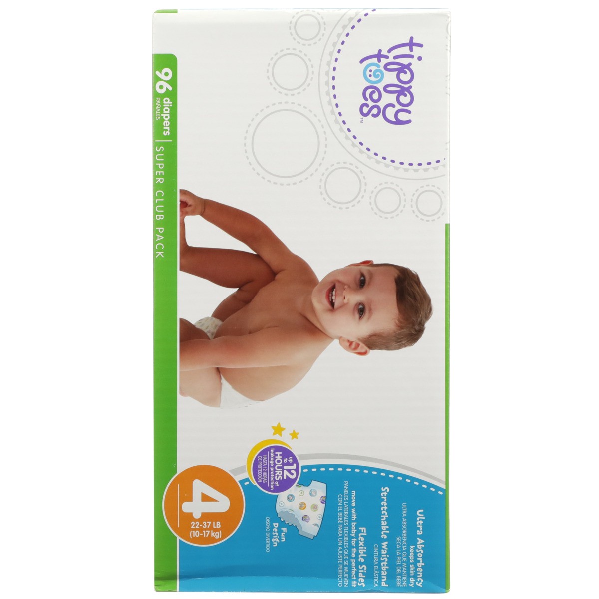 slide 8 of 8, Tippy Toes Diapers, Size 4 (22-37 lb), Fun Design, Super Club Pack, 96 ct