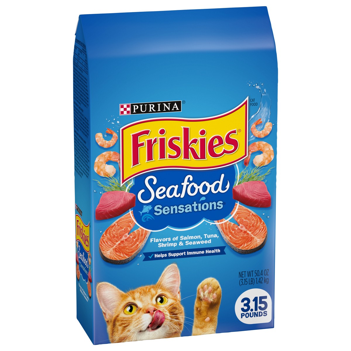slide 3 of 9, Friskies Purina Friskies Seafood Sensations with Flavors of Salmon, Tuna, Shrimp & Seaweed Adult Complete & Balanced Dry Cat Food - 3.15lbs, 3.15 lb