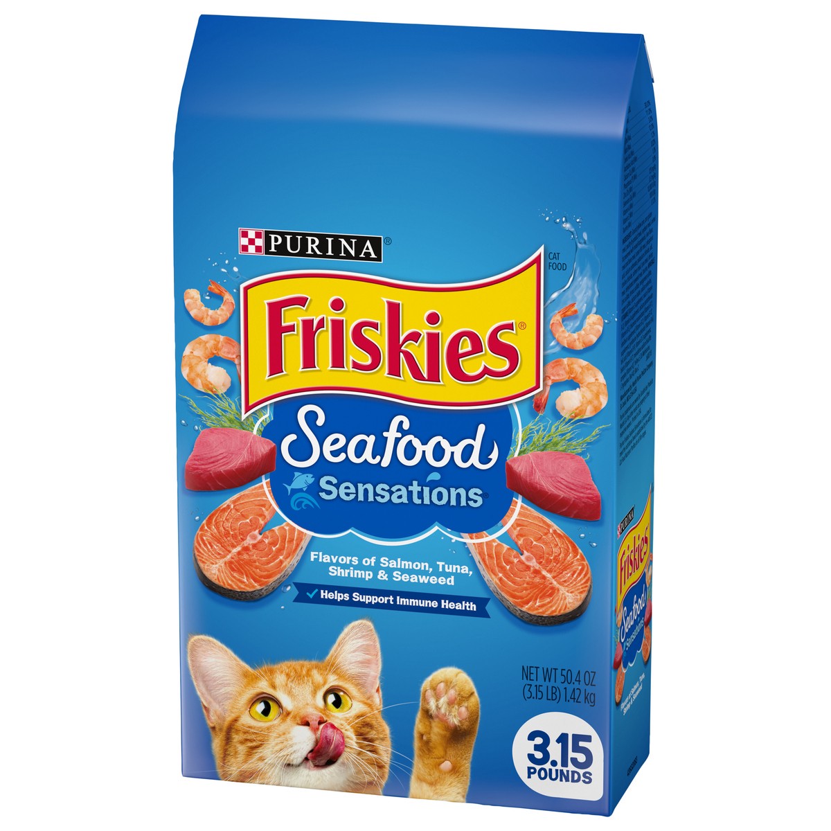 slide 2 of 9, Friskies Purina Friskies Seafood Sensations with Flavors of Salmon, Tuna, Shrimp & Seaweed Adult Complete & Balanced Dry Cat Food - 3.15lbs, 3.15 lb