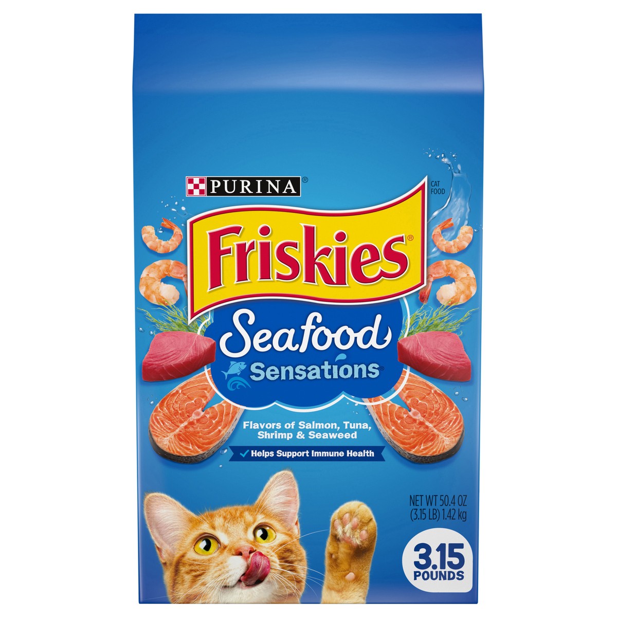 slide 1 of 9, Friskies Purina Friskies Seafood Sensations with Flavors of Salmon, Tuna, Shrimp & Seaweed Adult Complete & Balanced Dry Cat Food - 3.15lbs, 3.15 lb