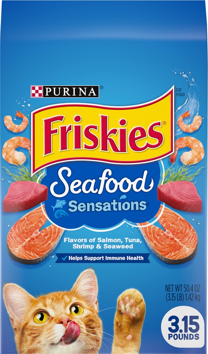 slide 6 of 9, Friskies Purina Friskies Seafood Sensations with Flavors of Salmon, Tuna, Shrimp & Seaweed Adult Complete & Balanced Dry Cat Food - 3.15lbs, 3.15 lb