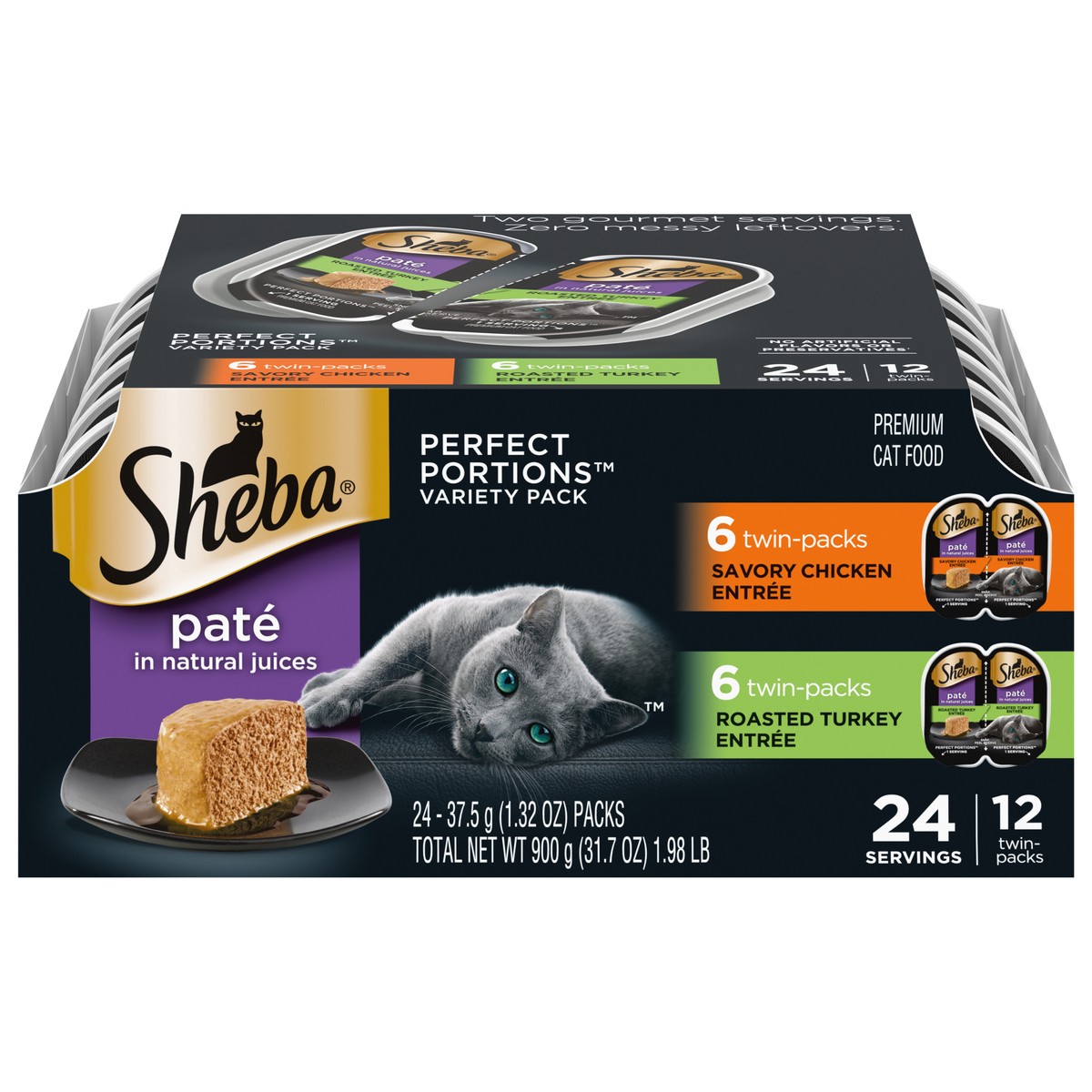 slide 1 of 15, Sheba Perfect Portions Pate Premium Savory Chicken Entree/Roasted Turkey Entree Cat Food Variety Pack 24 - 37.5 g Packs, 24 ct
