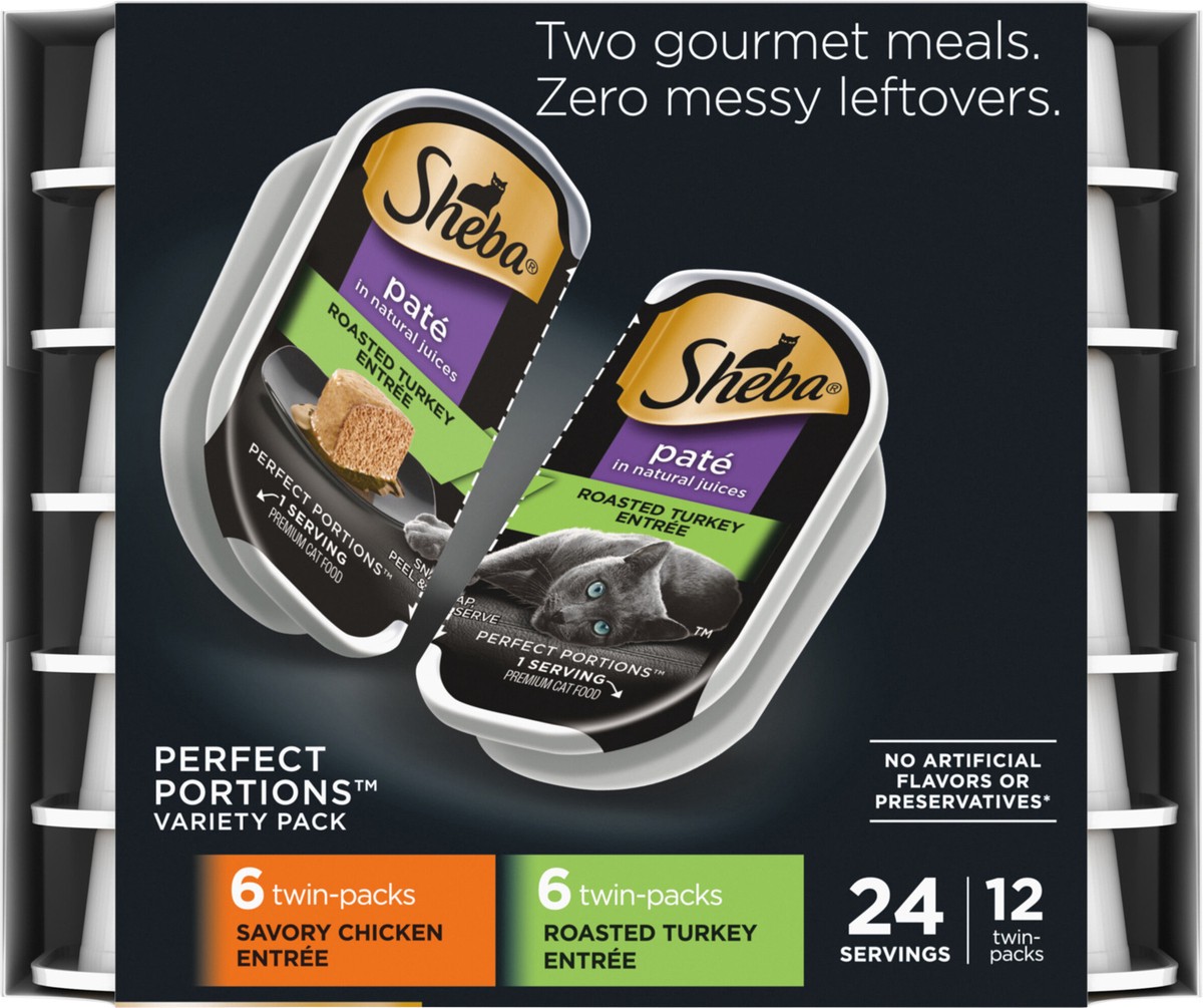 slide 10 of 15, Sheba Perfect Portions Pate Premium Savory Chicken Entree/Roasted Turkey Entree Cat Food Variety Pack 24 - 37.5 g Packs, 24 ct