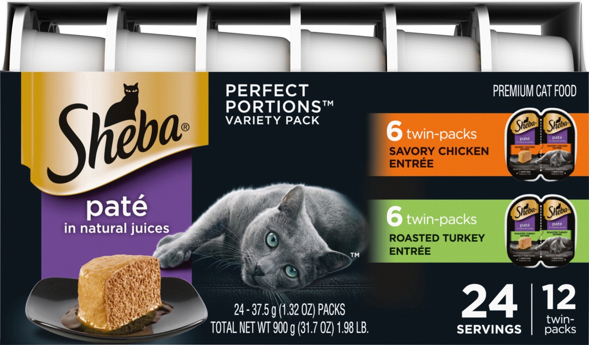 slide 12 of 15, Sheba Perfect Portions Pate Premium Savory Chicken Entree/Roasted Turkey Entree Cat Food Variety Pack 24 - 37.5 g Packs, 24 ct