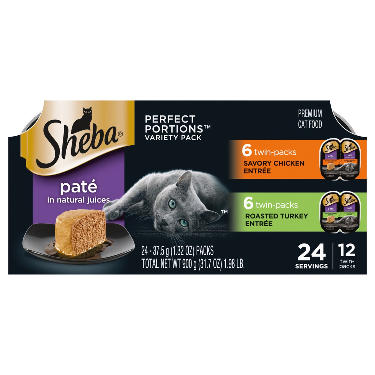 slide 4 of 15, Sheba Perfect Portions Pate Premium Savory Chicken Entree/Roasted Turkey Entree Cat Food Variety Pack 24 - 37.5 g Packs, 24 ct