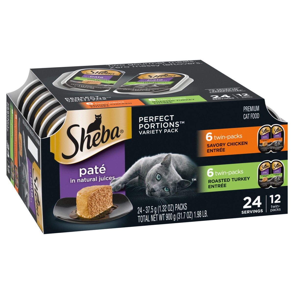 slide 5 of 15, Sheba Perfect Portions Pate Premium Savory Chicken Entree/Roasted Turkey Entree Cat Food Variety Pack 24 - 37.5 g Packs, 24 ct