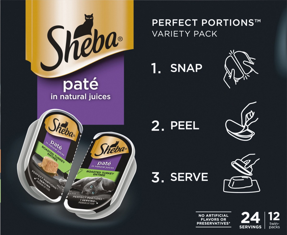 slide 15 of 15, Sheba Perfect Portions Pate Premium Savory Chicken Entree/Roasted Turkey Entree Cat Food Variety Pack 24 - 37.5 g Packs, 24 ct