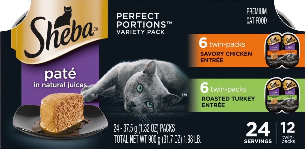 slide 9 of 15, Sheba Perfect Portions Pate Premium Savory Chicken Entree/Roasted Turkey Entree Cat Food Variety Pack 24 - 37.5 g Packs, 24 ct