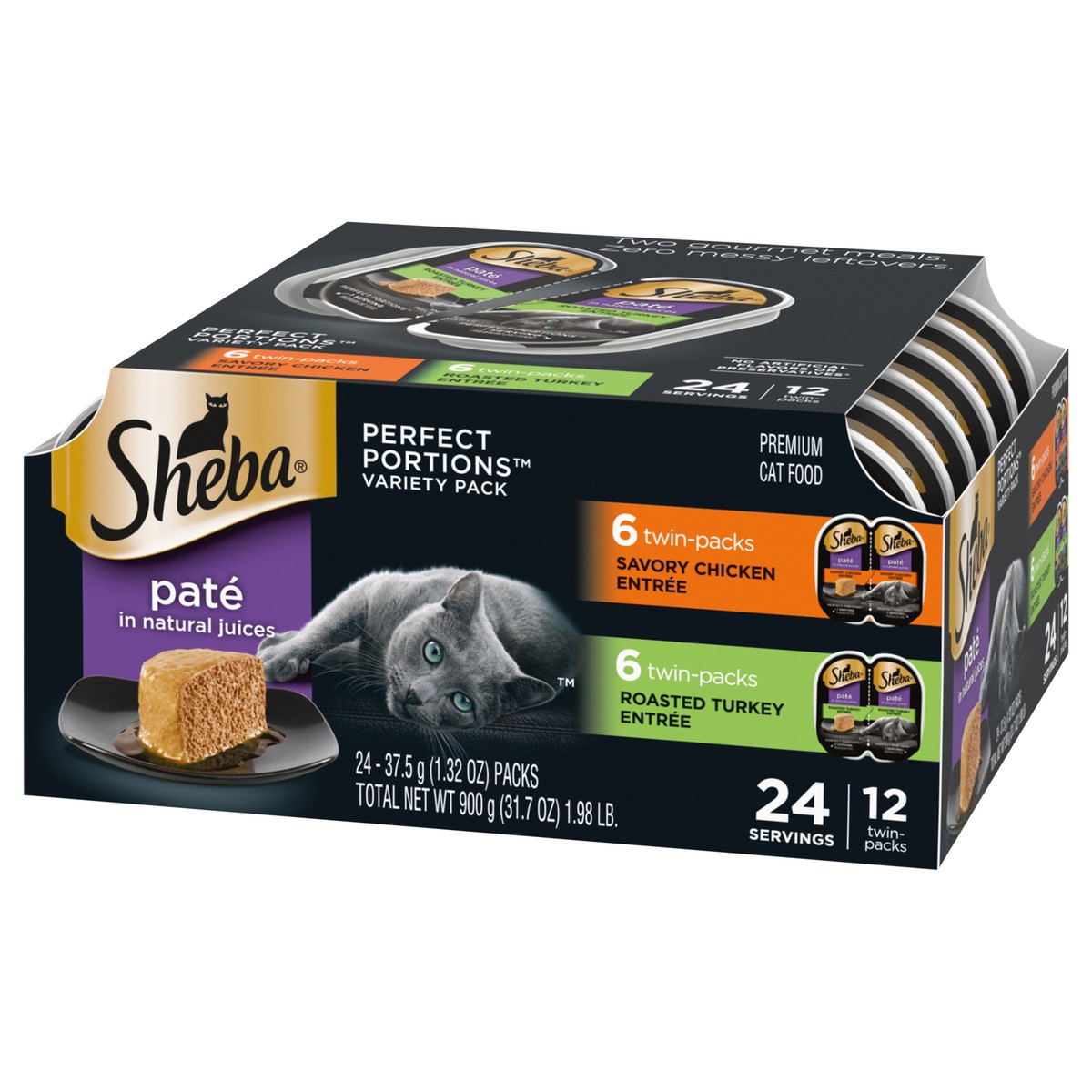 slide 13 of 15, Sheba Perfect Portions Pate Premium Savory Chicken Entree/Roasted Turkey Entree Cat Food Variety Pack 24 - 37.5 g Packs, 24 ct