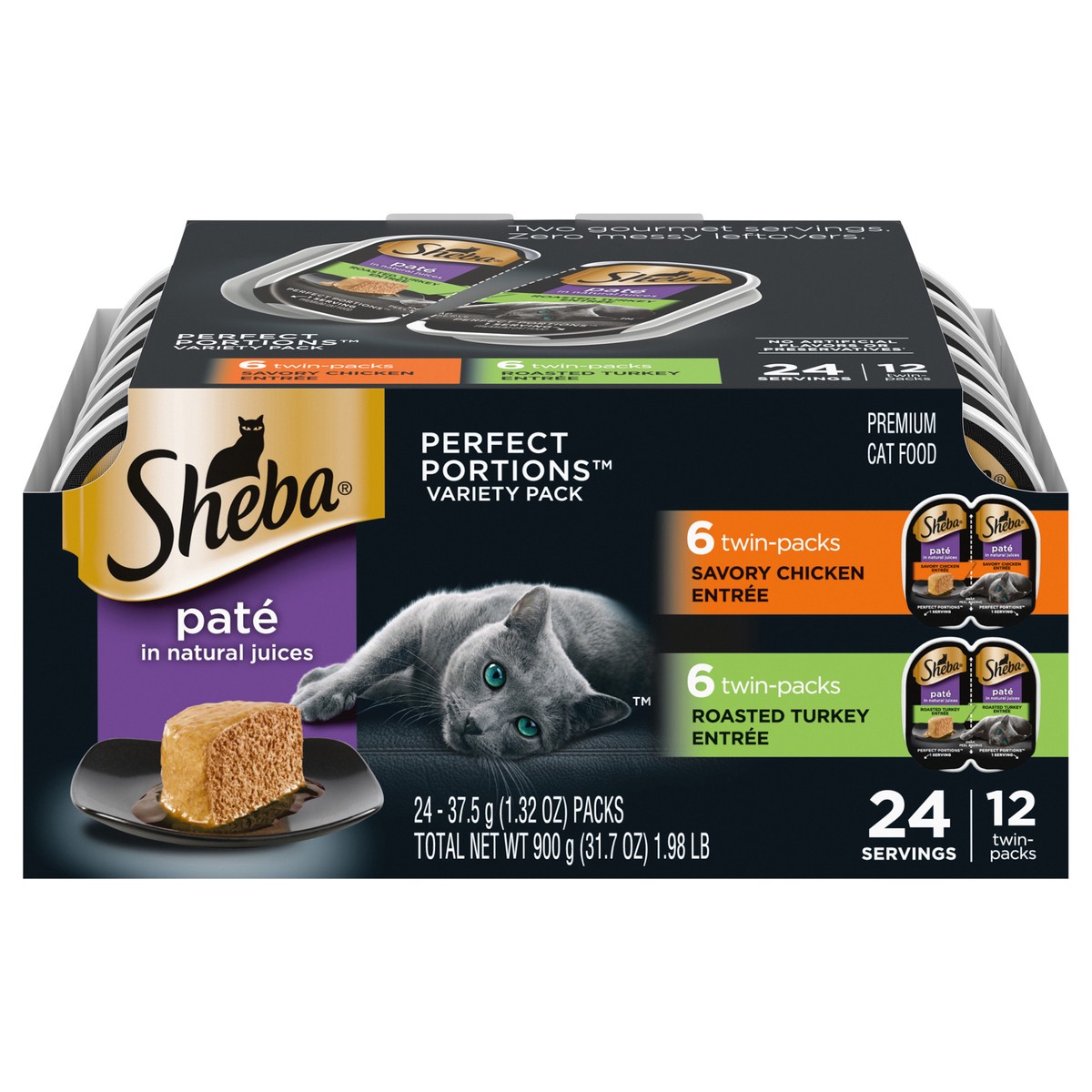 slide 1 of 15, Sheba Perfect Portions Pate Premium Savory Chicken Entree/Roasted Turkey Entree Cat Food Variety Pack 24 - 37.5 g Packs, 24 ct