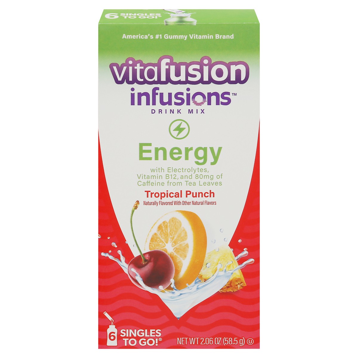 slide 1 of 9, vitafusion Infusions Singles To Go! Energy Tropical Punch Drink Mix - 6 ct, 6 ct