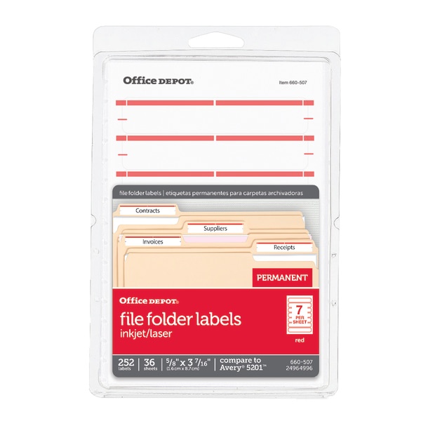 slide 1 of 2, Office Depot Brand Print-Or-Write Color Permanent Inkjet/Laser File Folder Labels, Od98818, 5/8'' X 3 1/2'', Dark Red, Pack Of 252, 252 ct