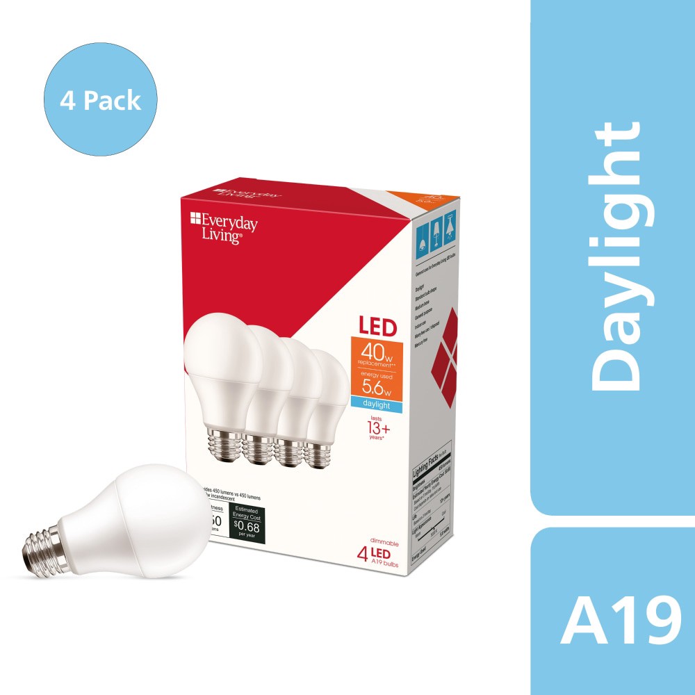 slide 1 of 4, Everyday Living 5.6-Watt A19 LED Light Bulbs, 4 ct